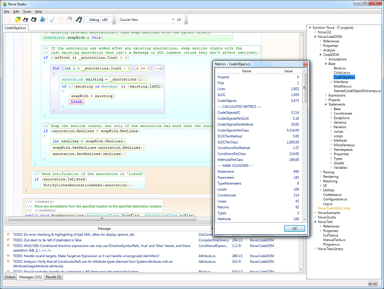 A complete C# parser (4.0), CodeDOM, formatter, analyzer, metrics library.